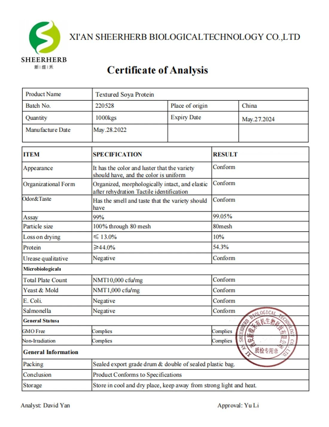 Textured Soya Protein COA